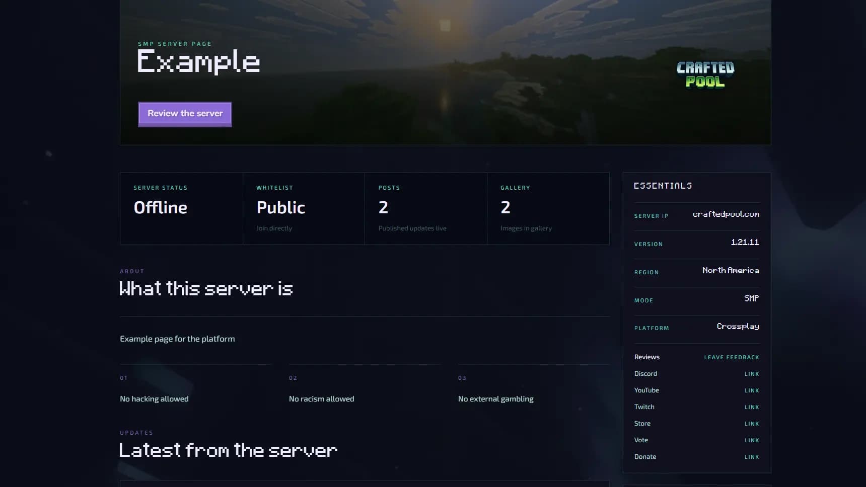 A finished CraftedPool server page showing live status, a banner, description, and a join button